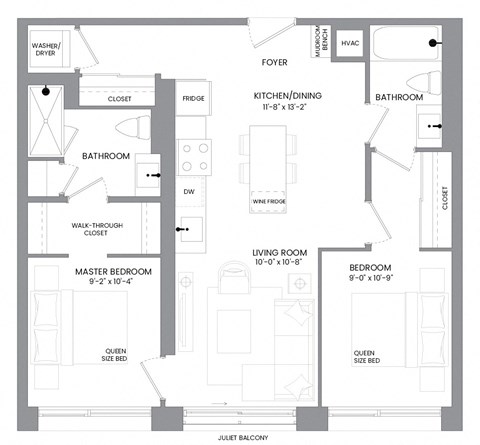 Floor plan for 2 beds, 2 baths, 809 sqft